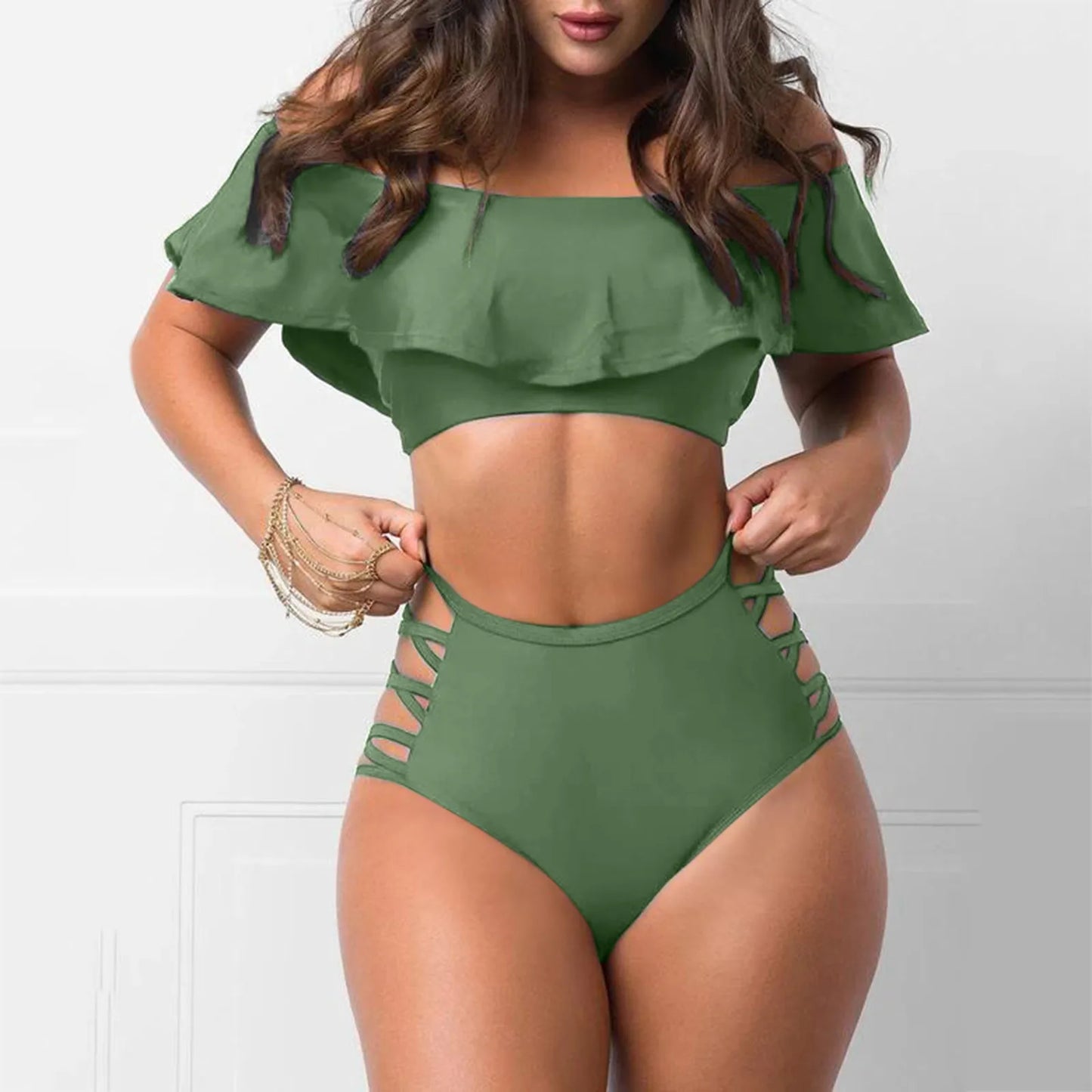 Sexy Ruffled Off Shoulder Bikini Sets Bandage Swimsuit Women High Waist Bandeau Push Up Swimwear Set Beach Mujer Biquini Suit