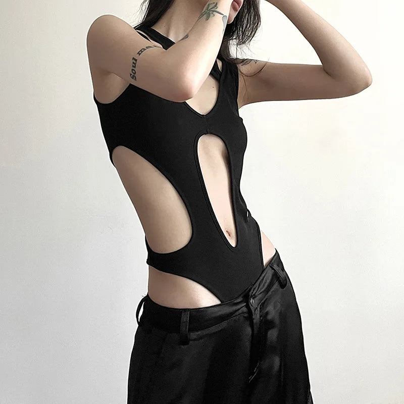 Mall Gothic Hollow Out Sexy Bodysuits Techwear Fashion Y2k Patchwork Tops Women Grunge Backless High Cut Slim Bodysuit