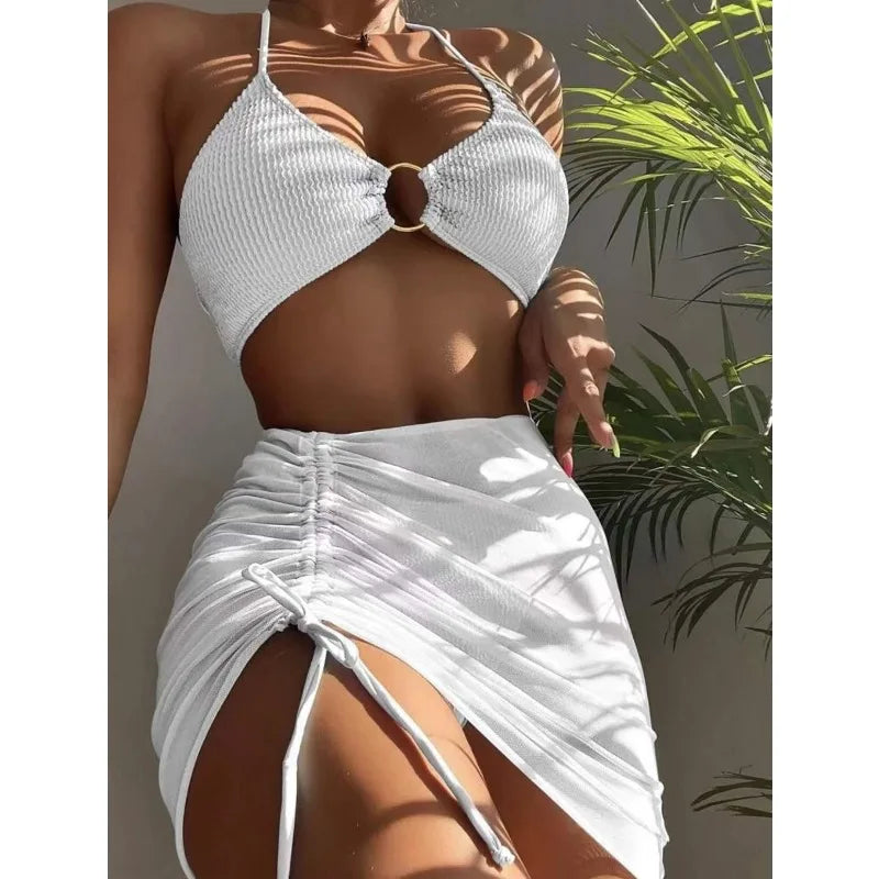 2024 New Sexy Solid Bikini Low Waist Three Pieces Swimsuit Women Brazilian Bandage Swimwear Female Beachwear Bathing Suit