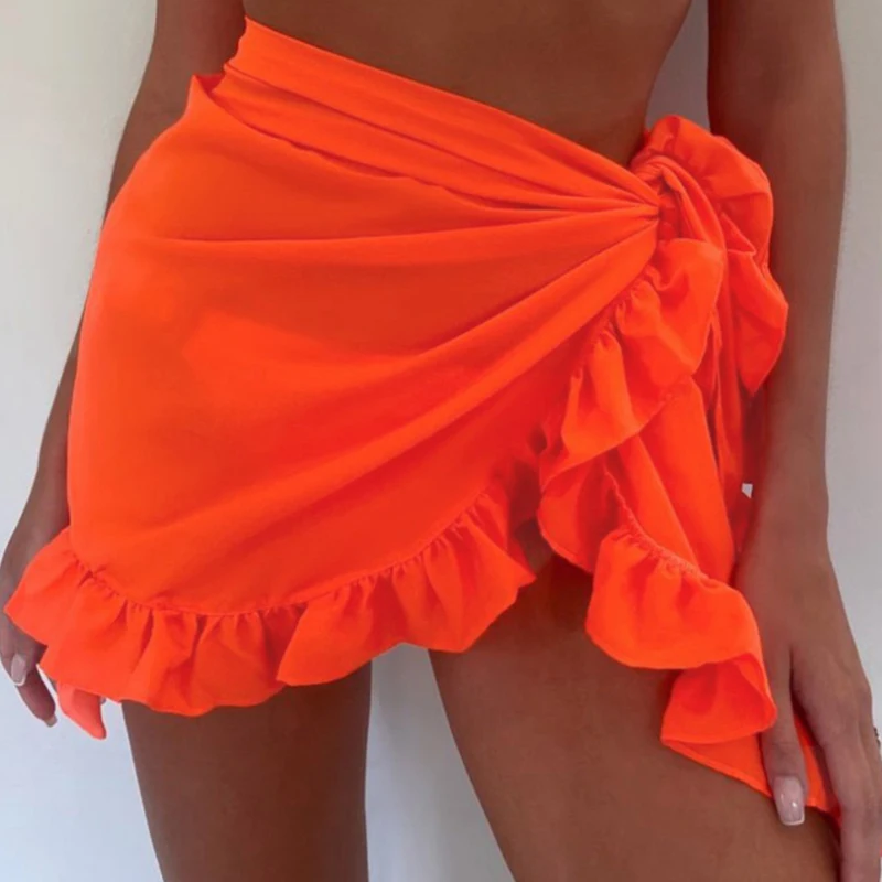 New Women Swimsuit Bikini Cover-up Skirt Summer Solid Color Beach Wrap Skirt Swimwear Female Ruffle Trim Lace Up Sarong Cover Up