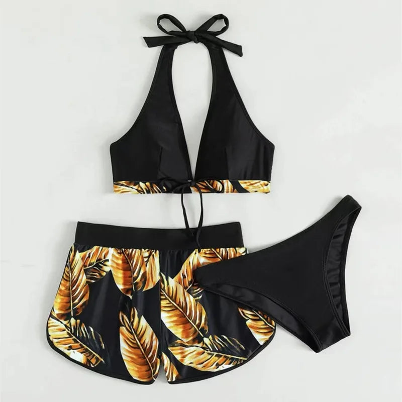 Women Sexy Beach Bikinis Three Pieces Bikini Set High Waist Swimsuit Swimwear Leaf Print Bathing Suit Women Beachwear Bath Suit