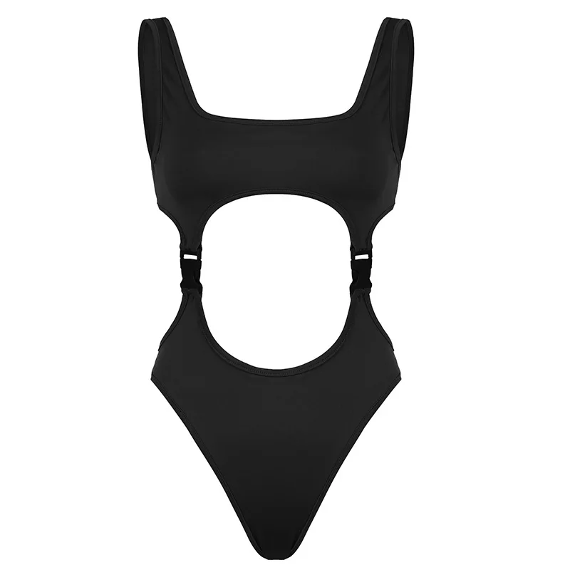 Hollowed Out Gothic Black Y2K Bodysuit Women Skinny Overall Summer Solid Bandage Rompers Sexy Swimwear Female Festival Outfit