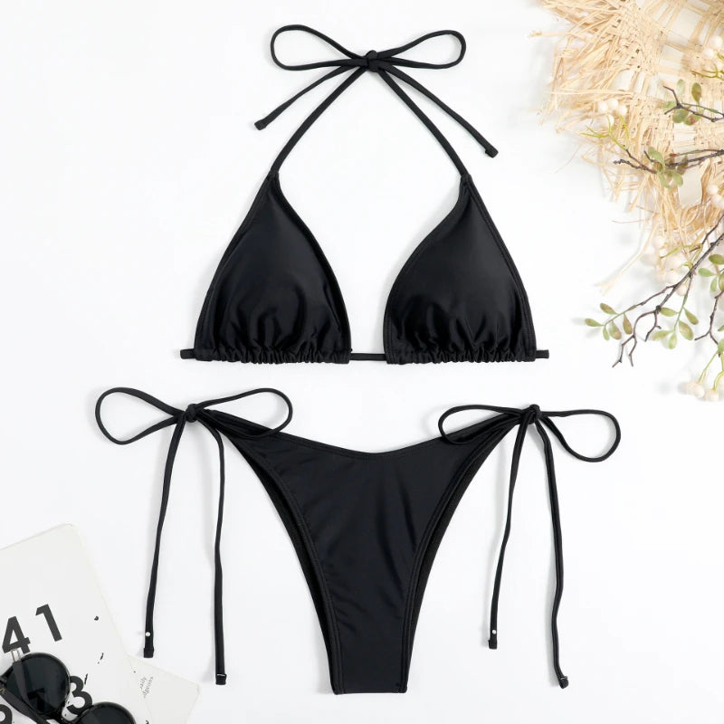 Sexy Women Thong Solid Color Bikini Set Side Halter Tie Swimsuit Ladies Split Strap Adjustable Brazilian Swimwear Beachwear