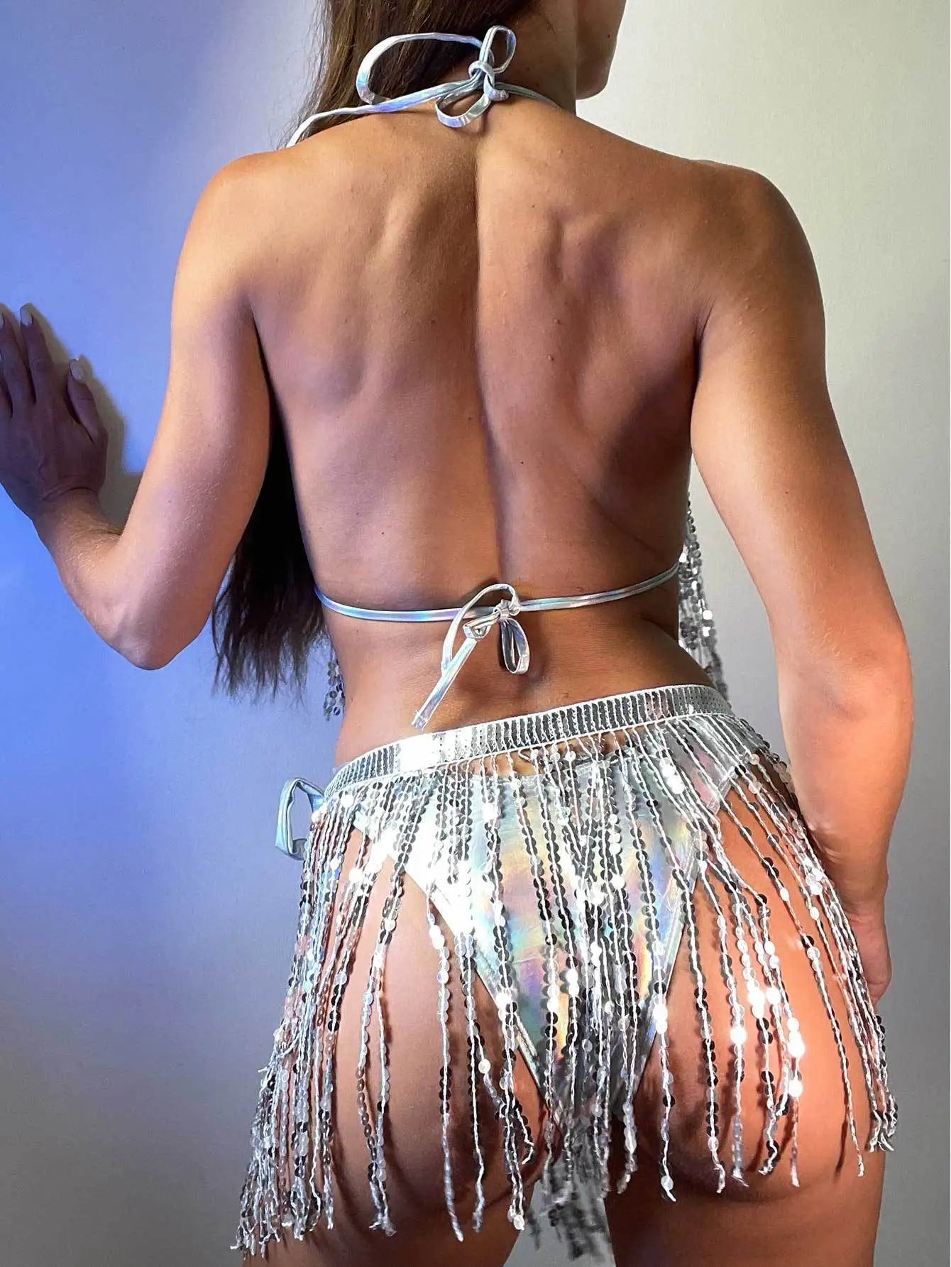 2024 Summer New Women's Belly Dance Bra Top Halter Bling V-neck Open Back Lace up Sequin Tassel Cut Top Party Clubwear Beach Car