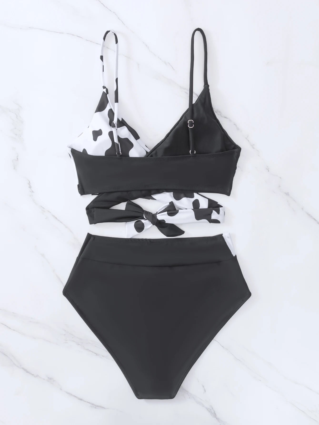 Black bikini with cow print chest crossed high waist