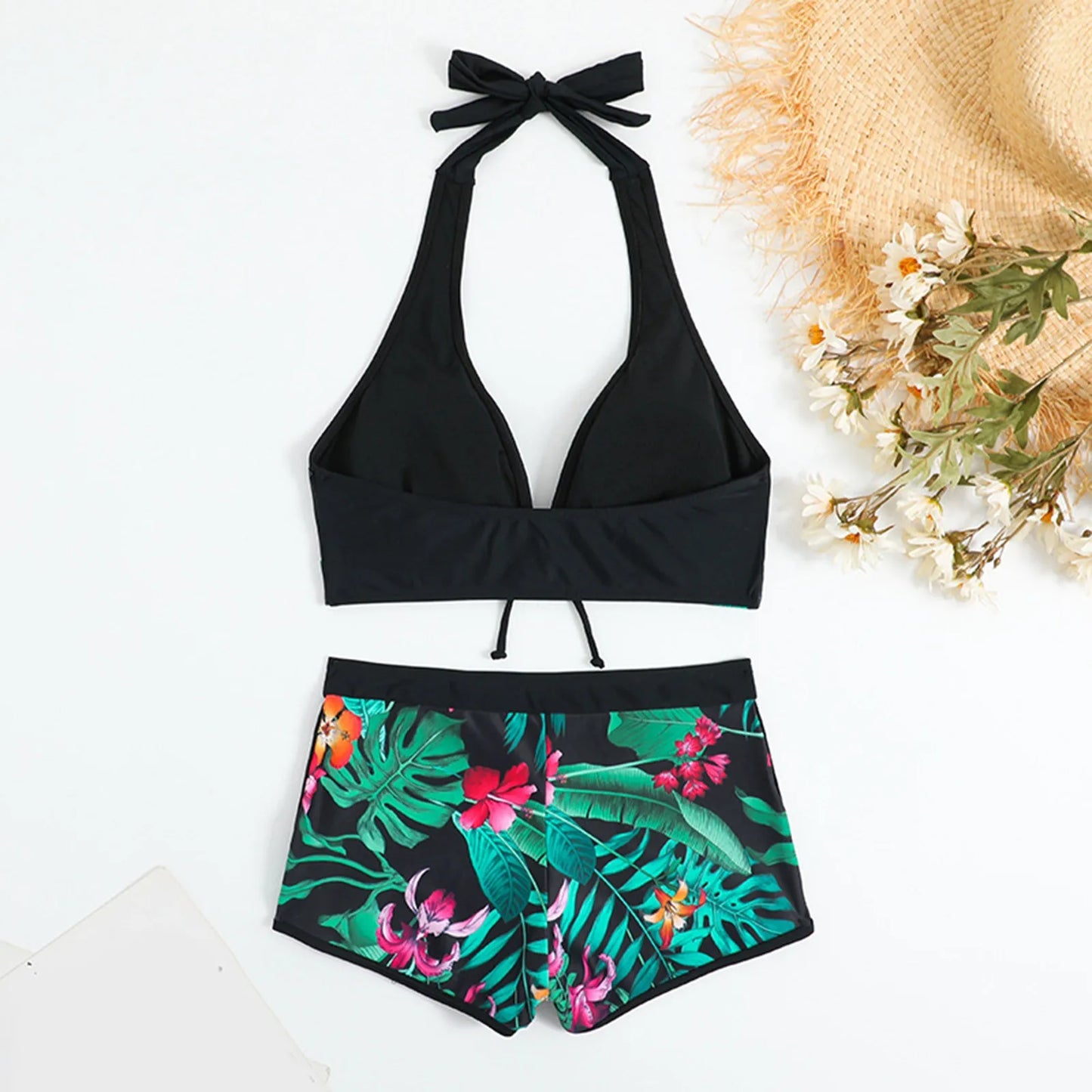 Tropical Print Bikinis Women Two Piece Swimsuit Ladies Shorts Halter Two Piece Swimwears Tankinis Set Summer Beach Wear Swimming