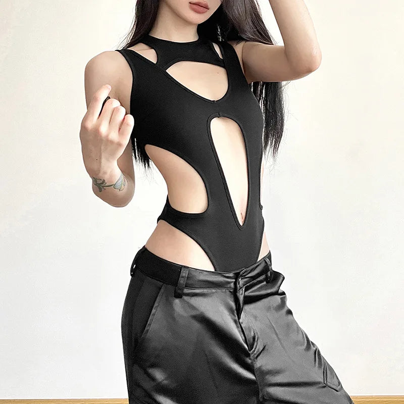 Mall Gothic Hollow Out Sexy Bodysuits Techwear Fashion Y2k Patchwork Tops Women Grunge Backless High Cut Slim Bodysuit