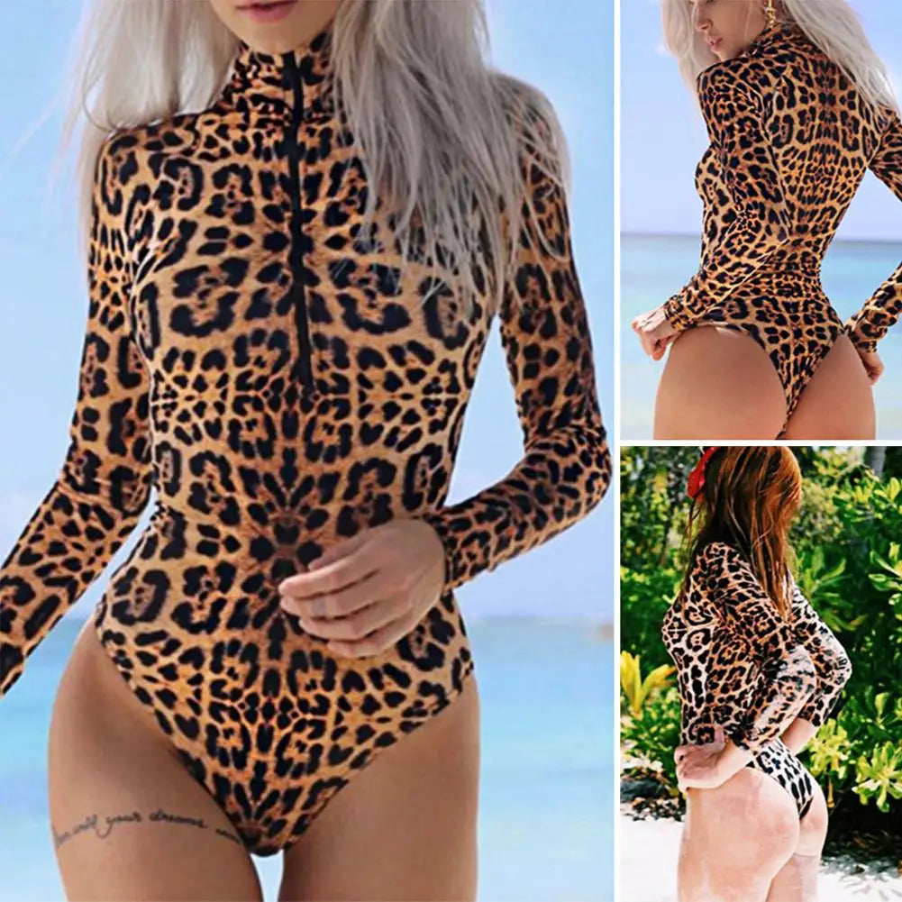 Women Surfing Swimsuit Leopard Print Skinny One Piece Breathable Swimwear Soft Long Sleeves Stand Collar Lady Swimming Playsuit