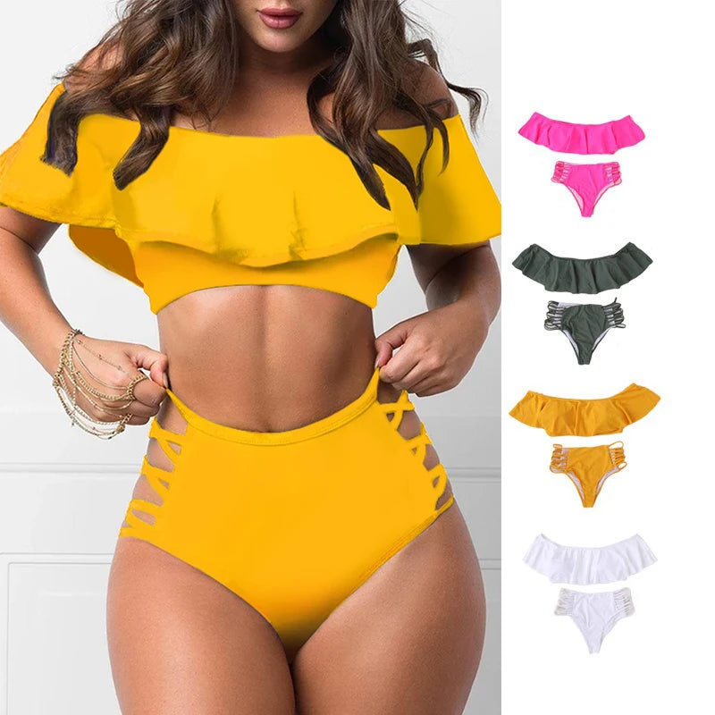 Europe and The United States Large Size Swimsuit Female Ruffled One-shoulder Sexy Bikini Tight Solid Color Split Foreign Trade S