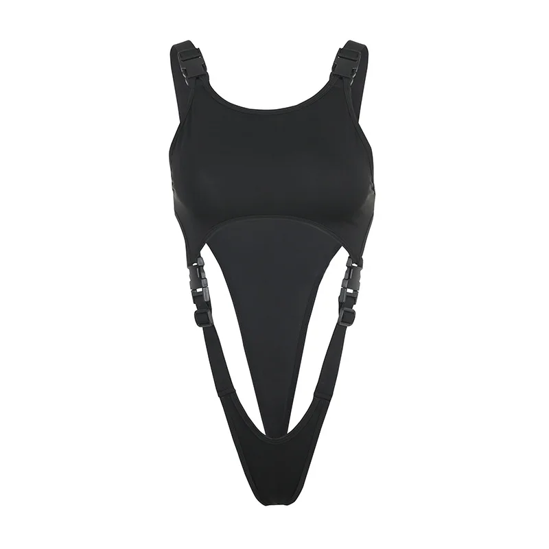 Hollowed Out Gothic Black Y2K Bodysuit Women Skinny Overall Summer Solid Bandage Rompers Sexy Swimwear Female Festival Outfit