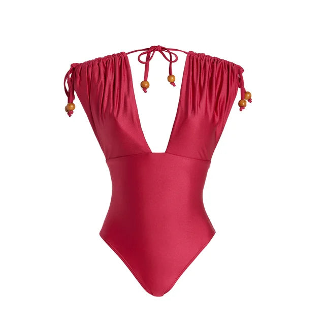 New Solid Color V-Neck Swimsuit Sexy One-Piece 2024 Trend Bikini Sets Elegant Woman Drawstring Beach Suit High Waist Swimwear