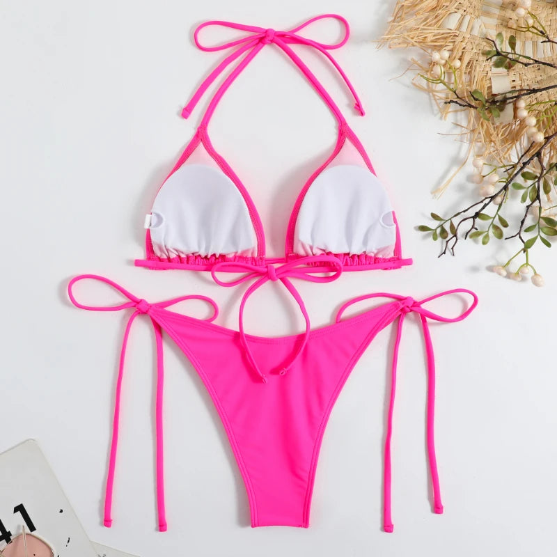 Sexy Women Thong Solid Color Bikini Set Side Halter Tie Swimsuit Ladies Split Strap Adjustable Brazilian Swimwear Beachwear