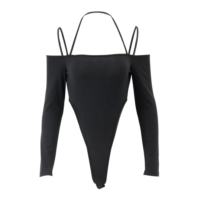 Xeemilo Sexy Off Shoulder Halter Bodysuit Aesthetic Spaghetti Straps Long Sleeve T Shirt Women Slim Fit Party Clubwear Bodysuits