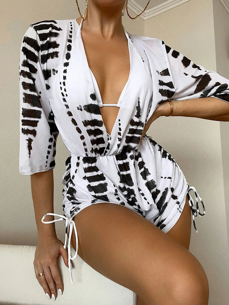 2024 New Summer Women Sexy 3 Pieces Suit Floral Print Swimwear Drawstring Beachwear Holiday Bikini Set+Bodysuit Overall Swimsuit