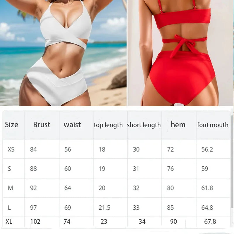 Women's sexy slimming plain fabric bikini with cross chest and back straps and cross high waist pants