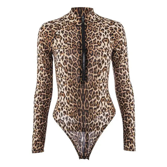 Women Surfing Swimsuit Leopard Print Skinny One Piece Breathable Swimwear Soft Long Sleeves Stand Collar Lady Swimming Playsuit