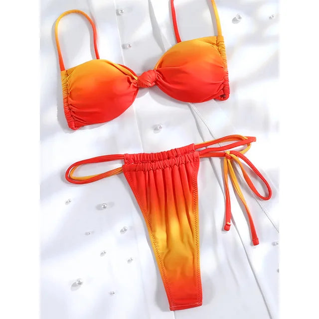 Rinabe Lace Up Bikini Sexy Bathing Suits Thong Swimwear 2024 Halter Swimsuit Women Biquini Gradient Color Beachwear Summer