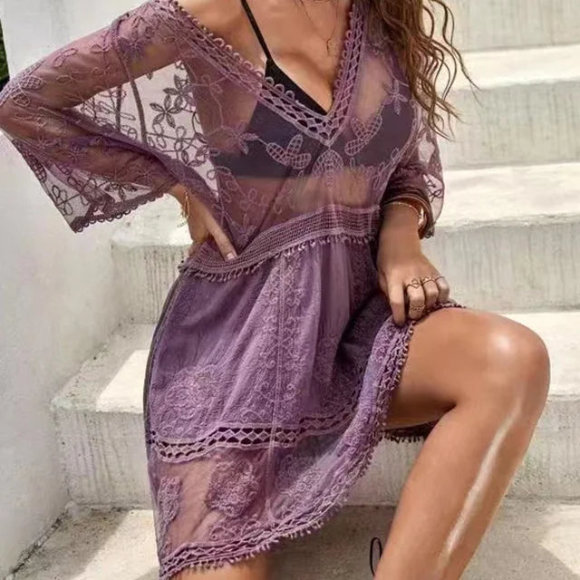 WeHello Women's Deep V Neck Boho Beach Outing Sheer Sexy Lace Cover Up Tunic Pareo Swimwear Summer Beach Dress Short Holiday