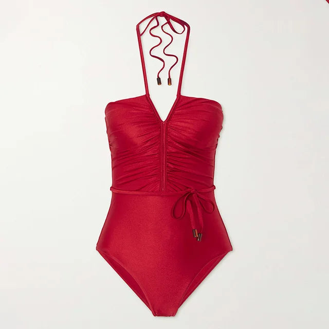 New Solid Color V-Neck Swimsuit Sexy One-Piece 2024 Trend Bikini Sets Elegant Woman Drawstring Beach Suit High Waist Swimwear