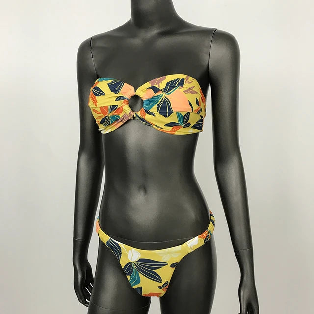 2024 Sexy Bathing Suit Women Beach Swimsuit Summer Bikini Stylish Bandeau Ring Printed Steel Strap Briefs New Push Up Bikini