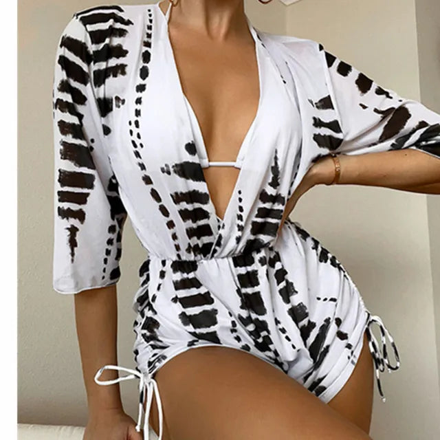 2024 New Summer Women Sexy 3 Pieces Suit Floral Print Swimwear Drawstring Beachwear Holiday Bikini Set+Bodysuit Overall Swimsuit