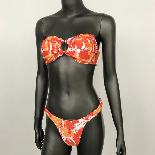 2024 Sexy Bathing Suit Women Beach Swimsuit Summer Bikini Stylish Bandeau Ring Printed Steel Strap Briefs New Push Up Bikini