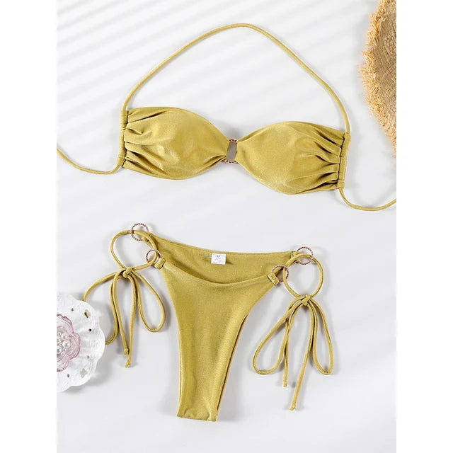 Solid Color Bikinis Push Up Swimwear Women Halter Bikini Set Shiny Swimsuit Push Up Bathing Suits Bandage Beachwear Thong