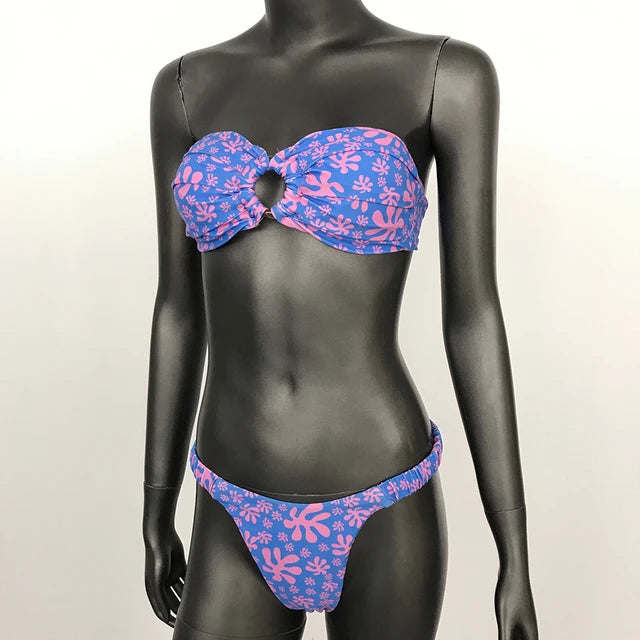 2024 Sexy Bathing Suit Women Beach Swimsuit Summer Bikini Stylish Bandeau Ring Printed Steel Strap Briefs New Push Up Bikini