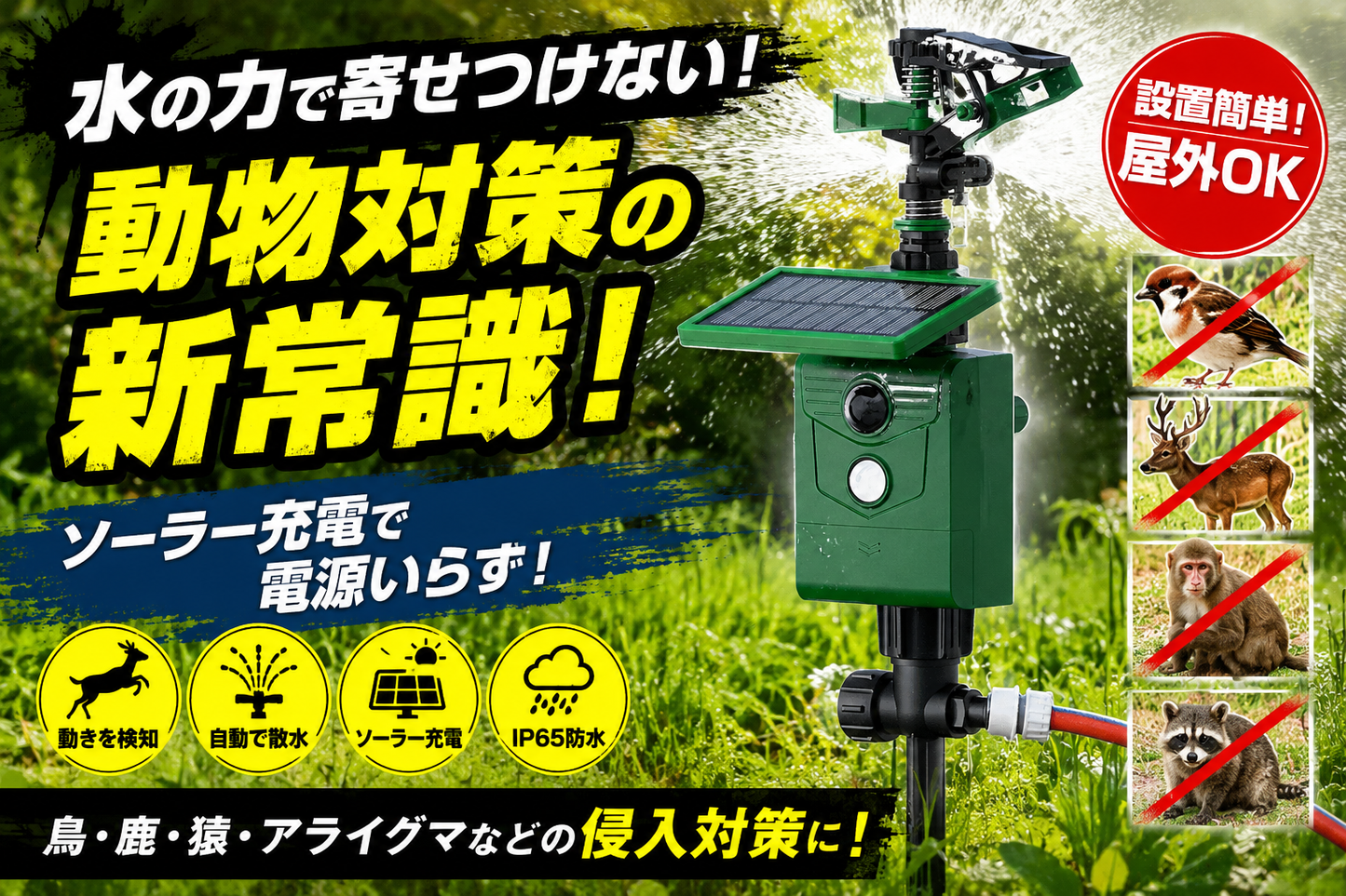 熊も撃退【ソーラー充電】散水式動物対策ガード｜PIR感知搭載