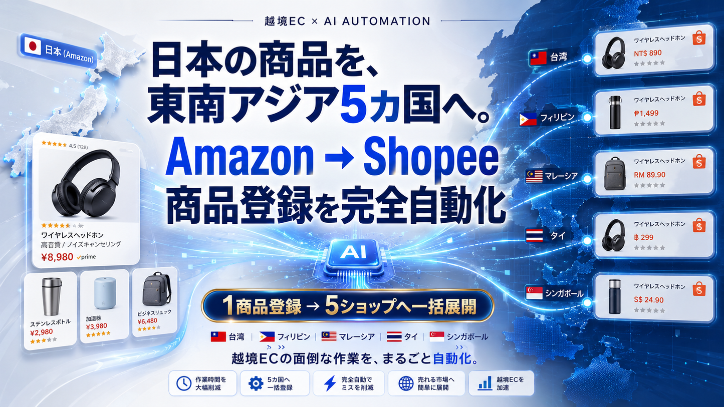 【越境EC自動化】Amazonの商品をShopee 5カ国へ一括登録｜台湾・フィリピン・マレーシア・タイ・シンガポール対応