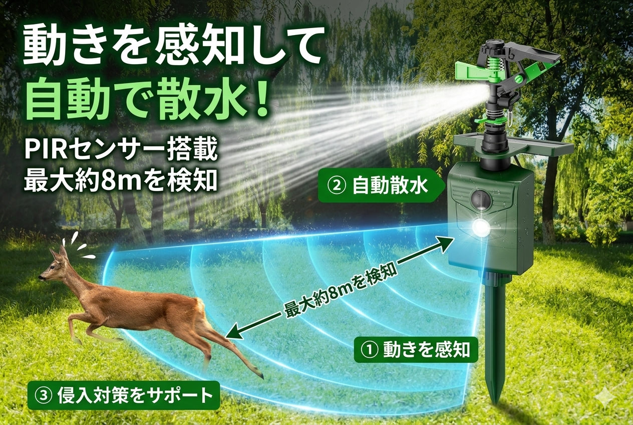 熊も撃退【ソーラー充電】散水式動物対策ガード｜PIR感知搭載