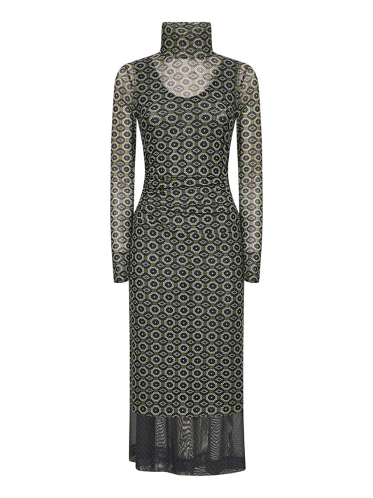Monot DRIES VAN NOTEN GREEN PRINTED MESHレイヤードMIDIドレス - Image 1