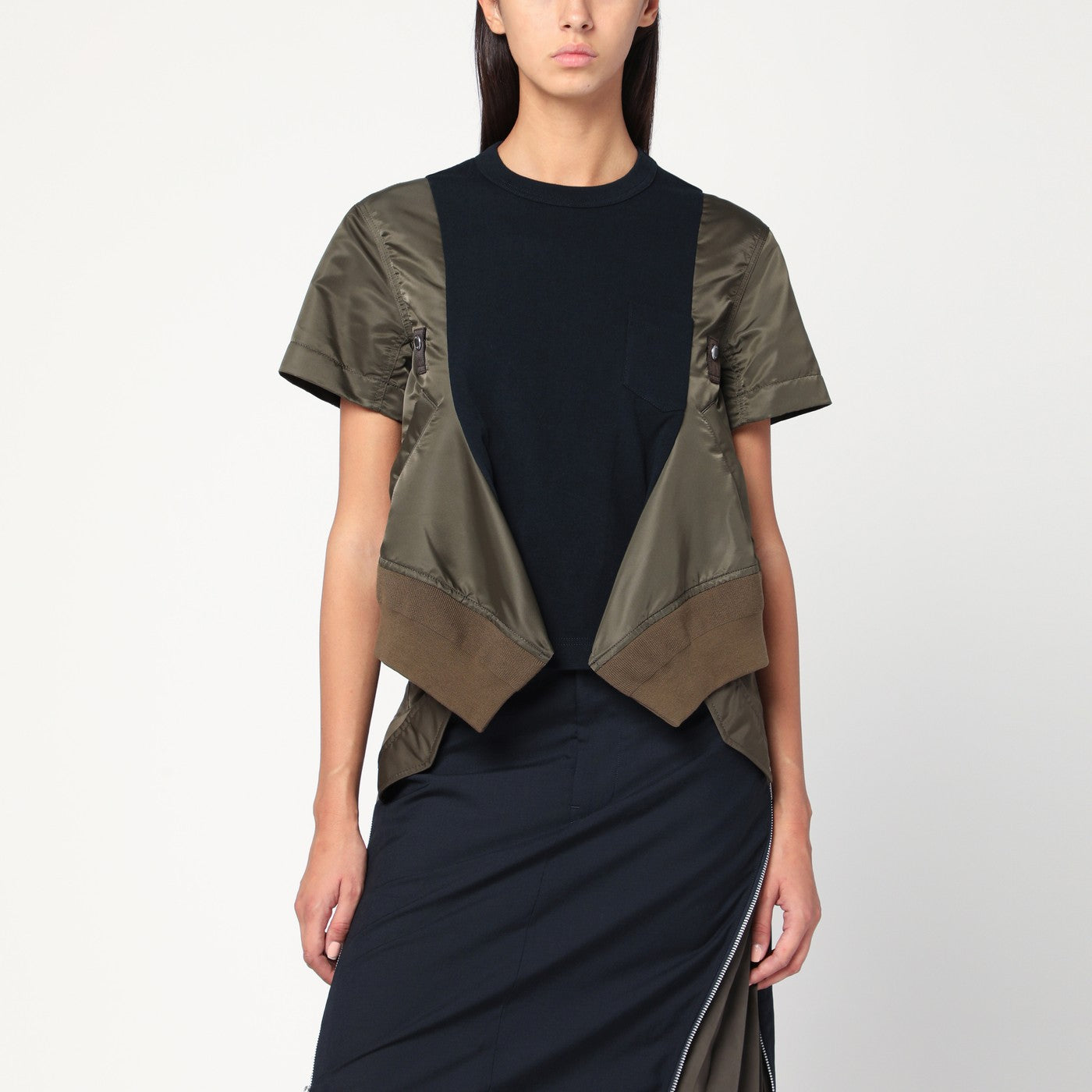 Sacai Sacai Navy/Kaki Cotton And Nylon Tシャツ - Image 1