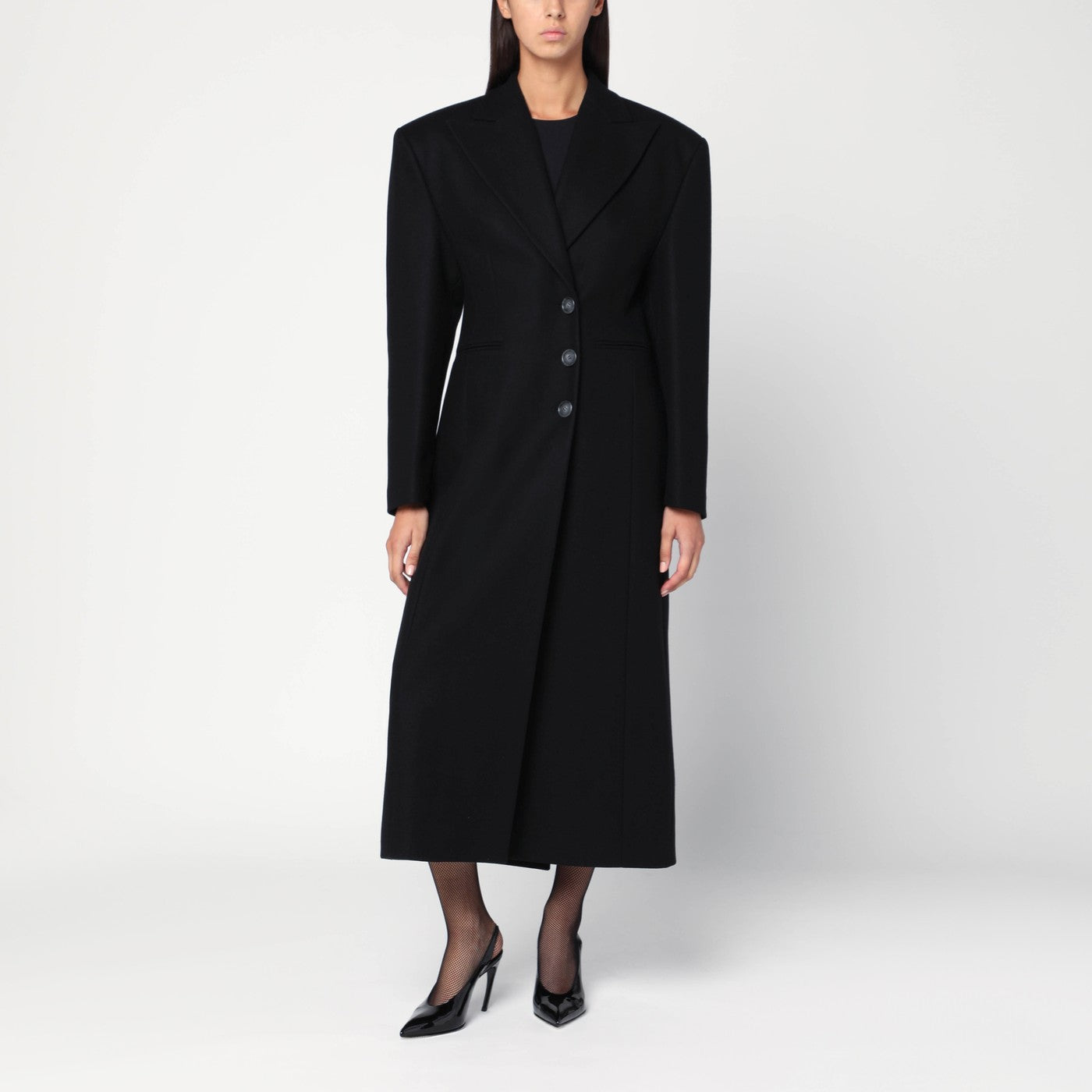 The The Andamane Black Long Single Breasted Coat In Wool - Image 1