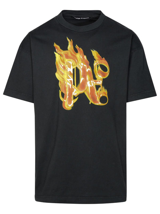 Palm パームエンジェルズの燃えるモノグラム 'ブラックコットンTシャツ - Image 1