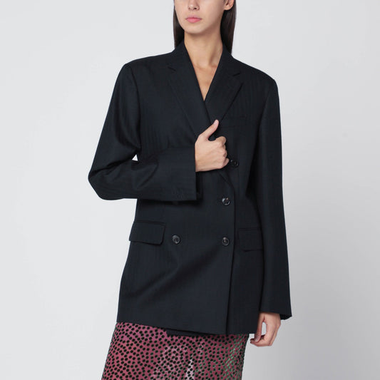 Monot Dries Van Noten Navy Blue Double Bestodedウールジャケット - Image 1