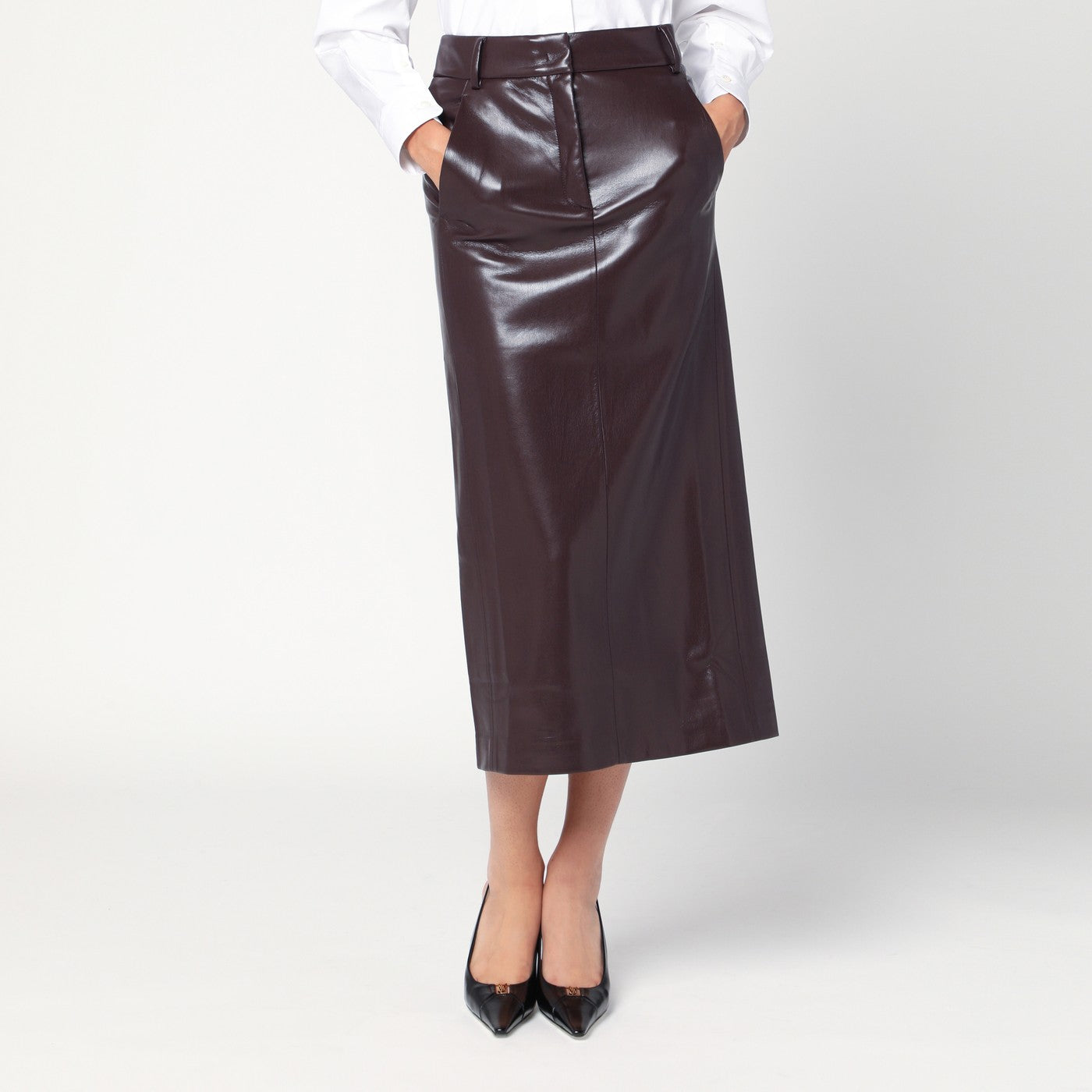 The The Andamane Bordeaux Faux Leather Midi Skirt - Image 1
