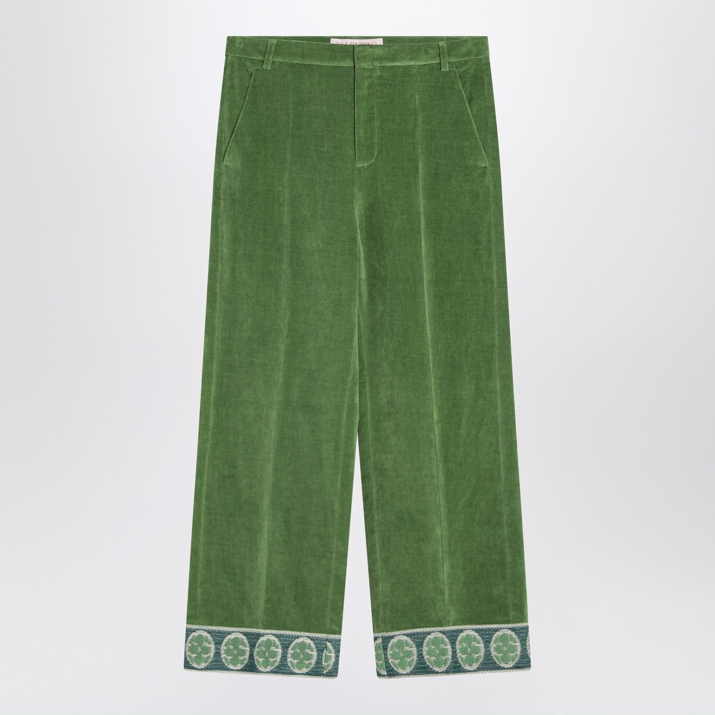Valentino Jacquard裾のバレンティーノグリーンベルベットズボン - Image 1