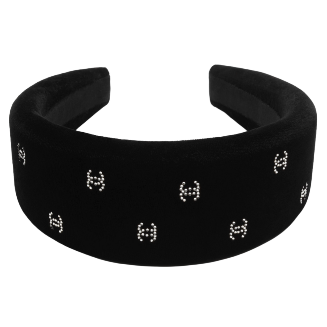 CHANEL 26C 'CRYSTAL CC' BLACK VELVET HEADBAND