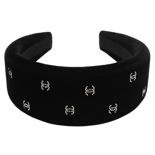 CHANEL 26C 'CRYSTAL CC' BLACK VELVET HEADBAND