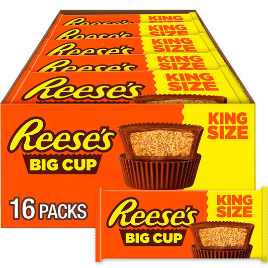 REESE'S Big Cup - Tazas de mantequilla de maní de chocolate con leche, tamaño King, paquetes de dulces, 2.8 onzas (16 unidades)
