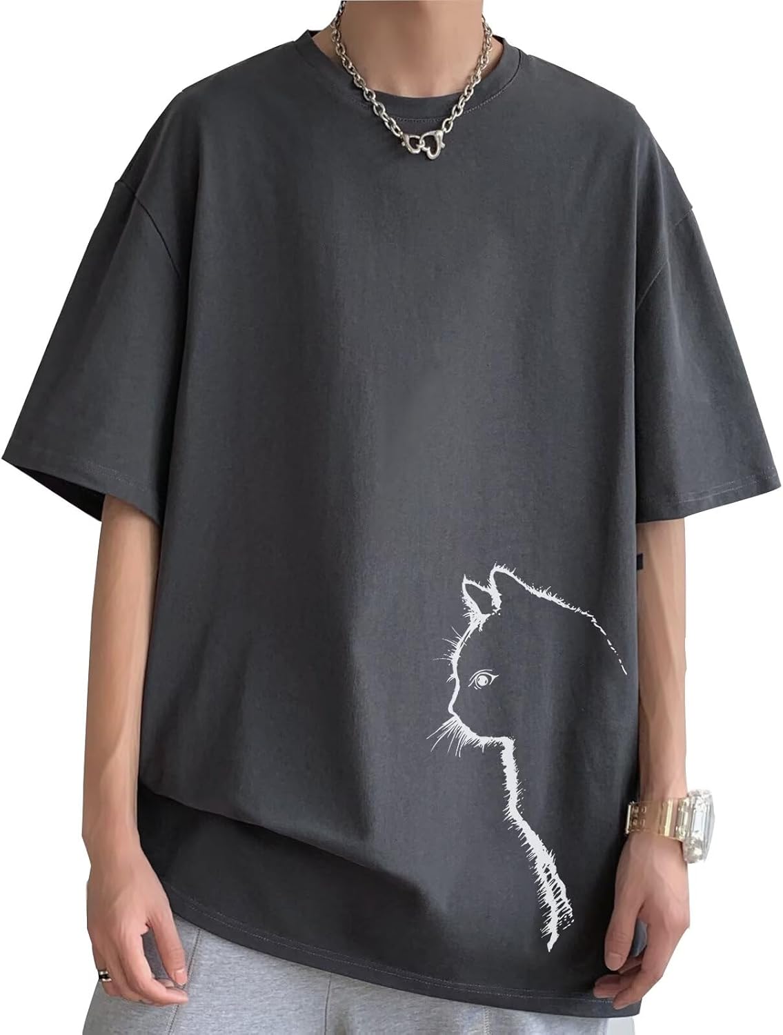 Men's Summer T-Shirt, Short Sleeve, M-5XL, Cotton, Round Cut, Soft, Comfortable, Comfortable to Touch, Cat, Basic, Cute Clothes, Popular, Easy to Coordinate, Sweat Absorbent, Quick Drying