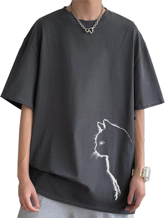 Men's Summer T-Shirt, Short Sleeve, M-5XL, Cotton, Round Cut, Soft, Comfortable, Comfortable to Touch, Cat, Basic, Cute Clothes, Popular, Easy to Coordinate, Sweat Absorbent, Quick Drying
