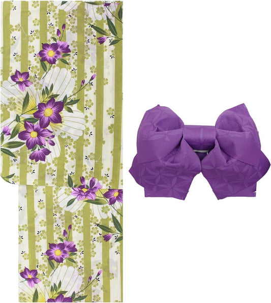 Kimono Japanese Net Shop Nset1377,set0700 Women's Adult Yukata 2-Piece Set (Yukata + Obi) F Size Women's Yukata Black White Red Green Festival Fireworks