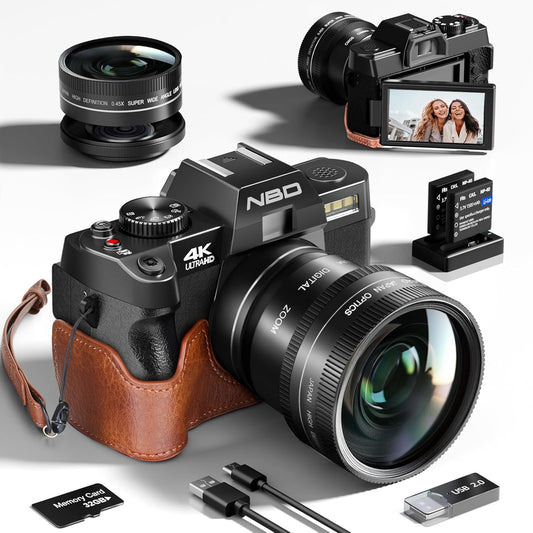 NBD 4K 48MP Digital Camera with Leather Half Case [WiFi App Control, Macro + Wide Angle Lens] 16x Zoom AF Function SLR Camera | LED Flash & Webcam Function | 32GB Micro SD Card & 2 Batteries Included