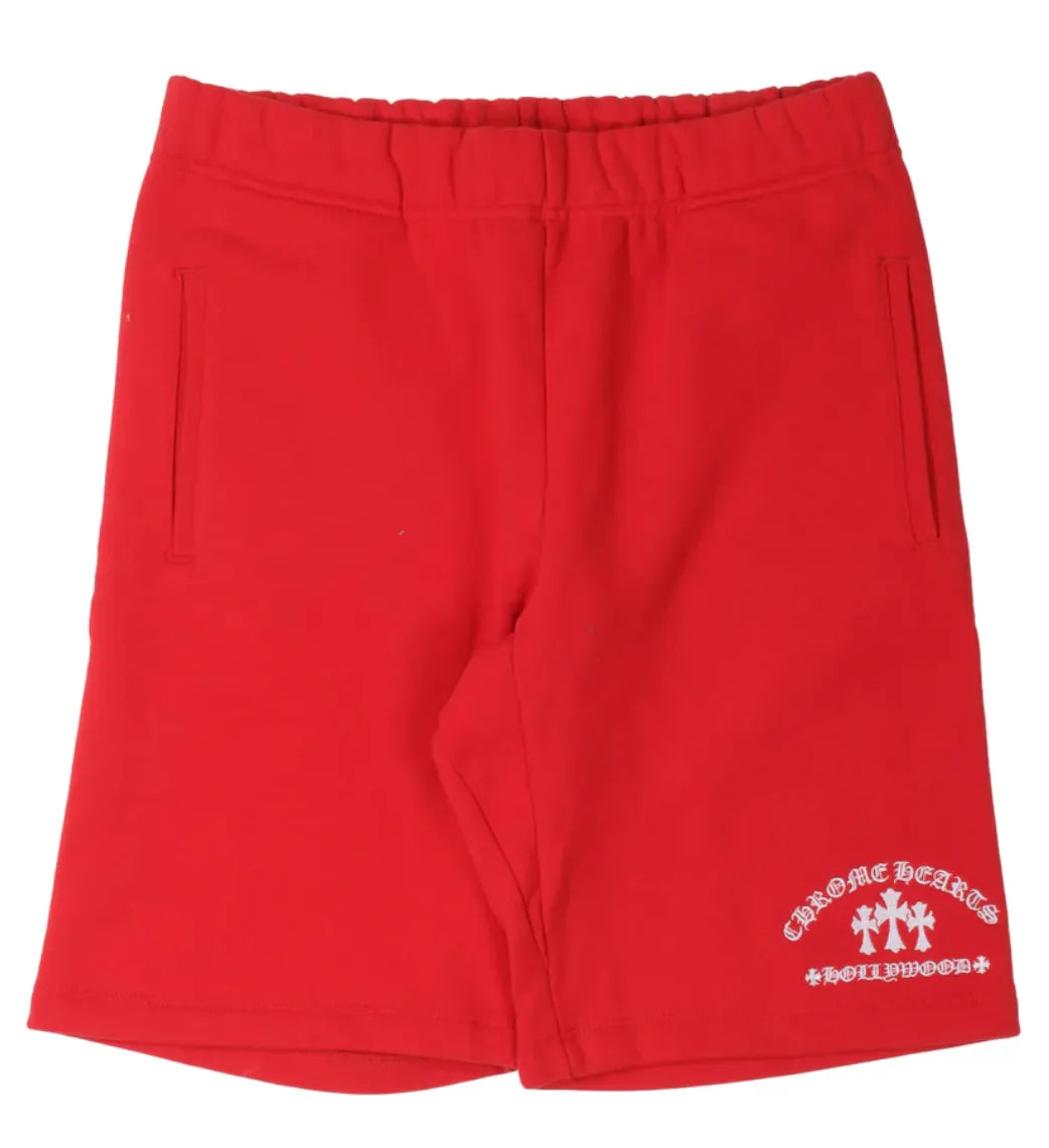 CHROME HEARTS 'TRIPLE CROSS' EMBROIDERED RED SWEAT SHORTS
