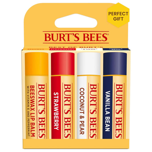 Burt's Bees Lip Balm, Beeswax, Strawberry, Coconut and Pear, and Vanilla Bean Pack, With Responsibly Sourced Beeswax, Tint-Free, Natural Lip Treatment, 0.15 oz., Four Tubes