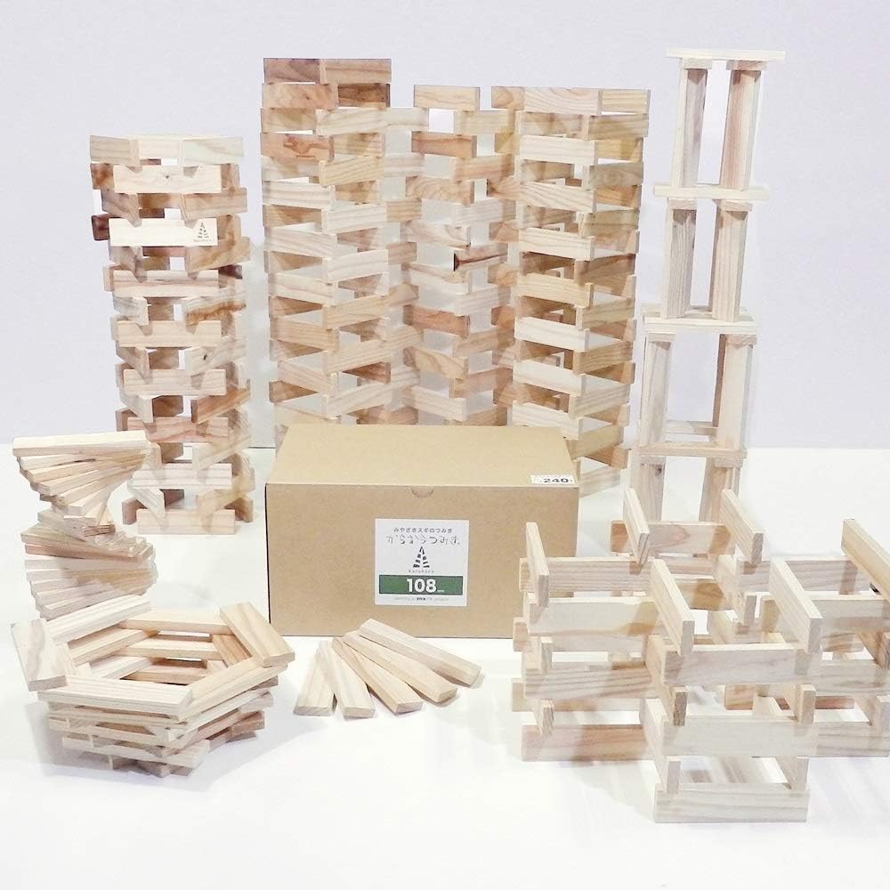Karakara108_240 Karakara Tsumiki 108 (9 x 27 x 108 mm), 240 Pieces, Educational Toy, Made in Japan, Unpainted, Wooden Toy