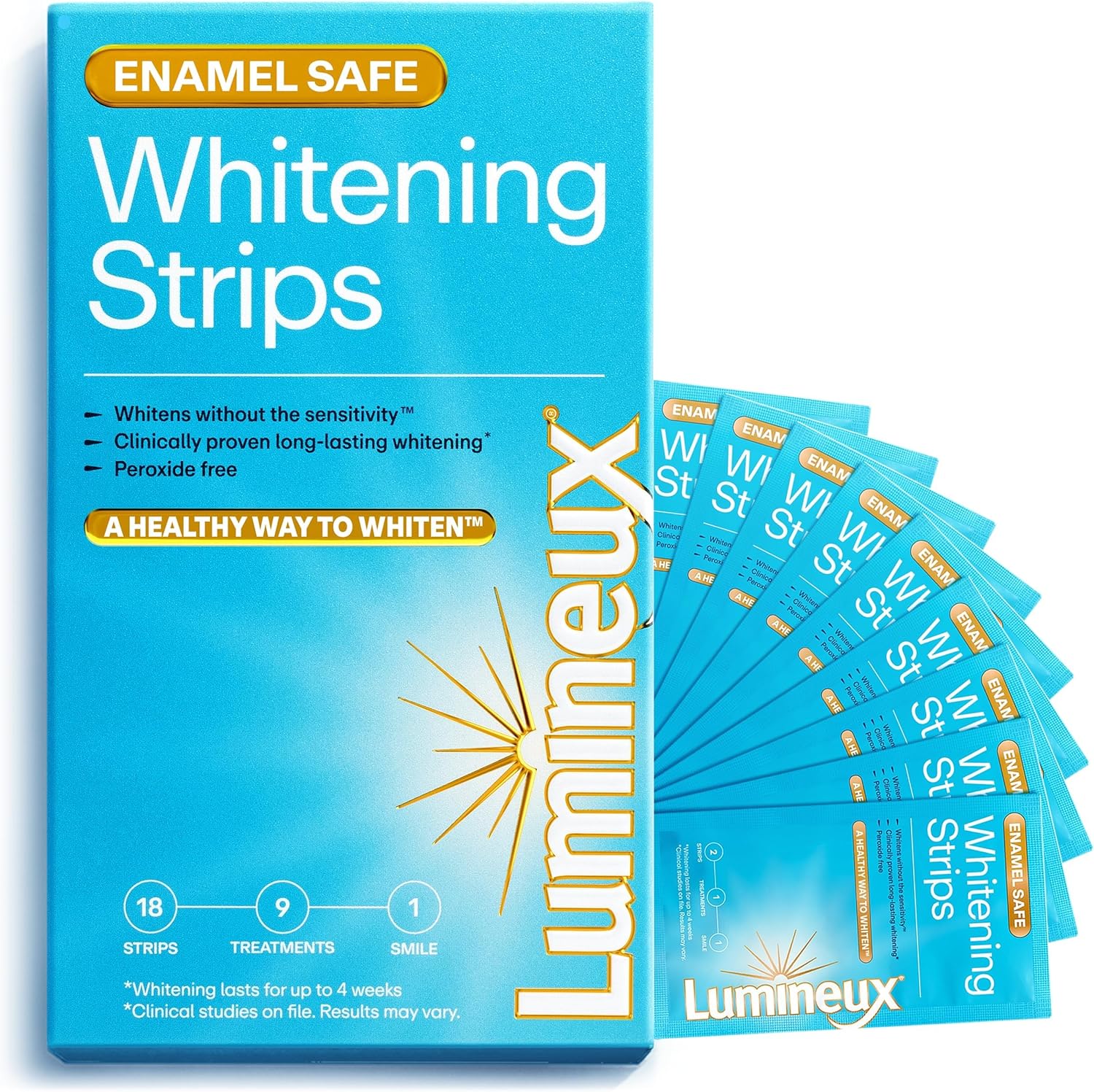 Kit de tiras blanqueadoras dentales Lumineux - 9 tratamientos - sin peróxido - seguro para el esmalte para dientes más blancos - blanqueamiento sin sensibilidad - formulado por dentistas - sin