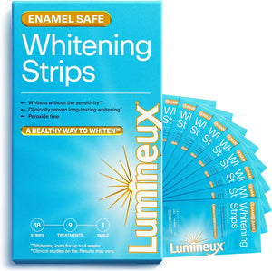 Kit de tiras blanqueadoras dentales Lumineux - 9 tratamientos - sin peróxido - seguro para el esmalte para dientes más blancos - blanqueamiento sin sensibilidad - formulado por dentistas - sin